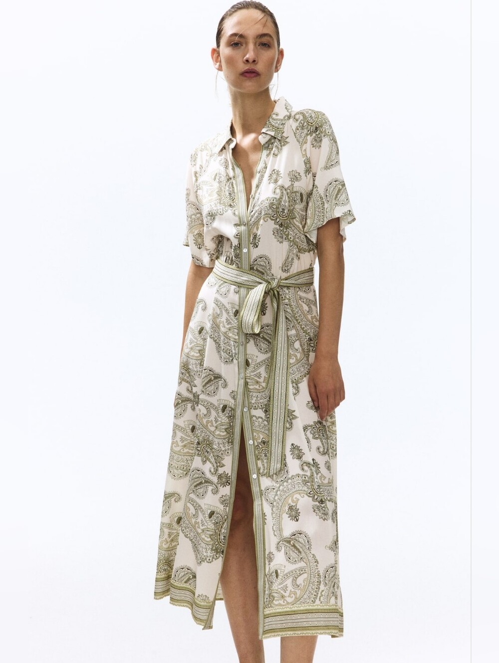 H&M Tie Belt Shirt Dress Light Beige Paisley Nwt